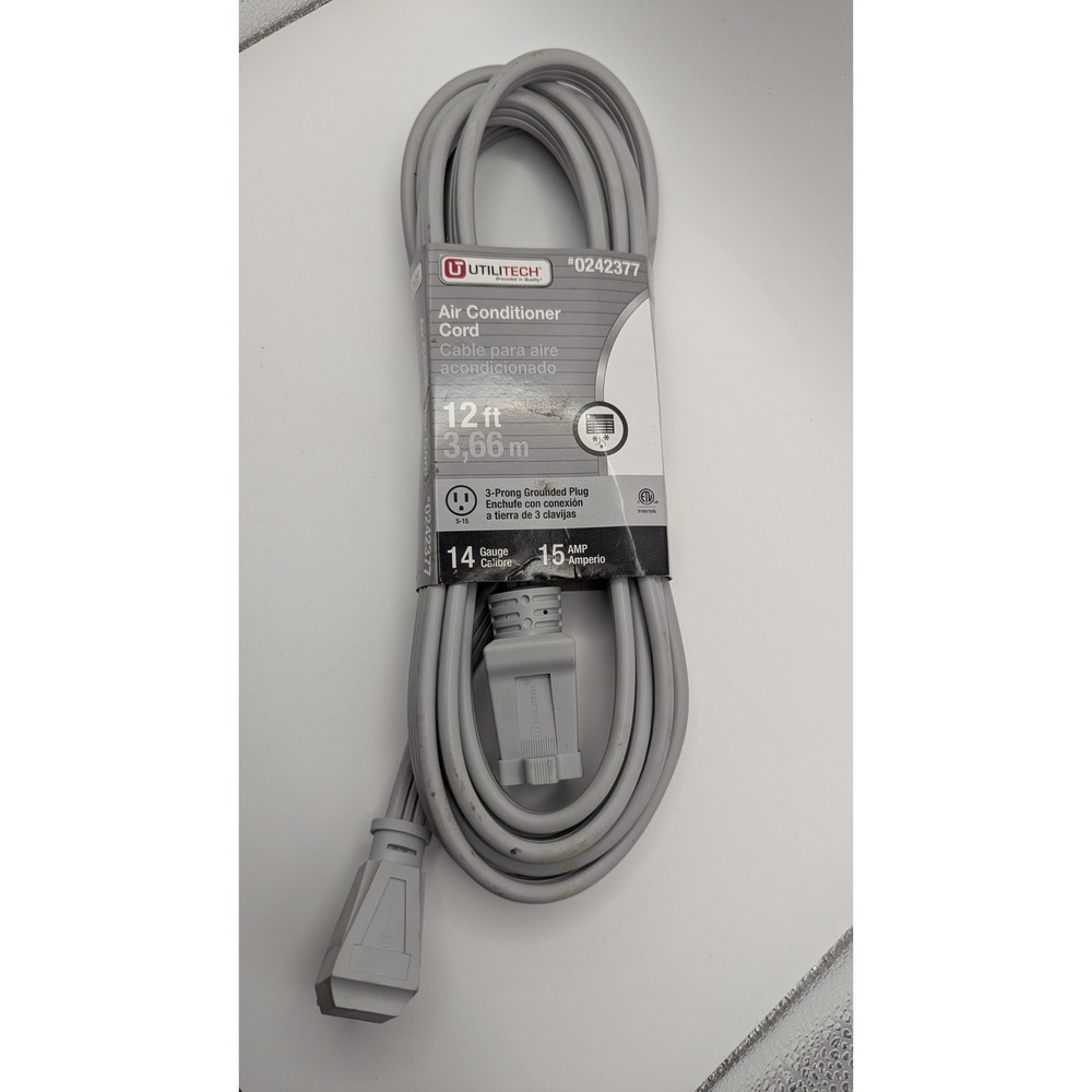Utilitech 12ft Air Conditioner Extension Cord 14 Gauge 15 Amp Gray 0242377‎ NEW